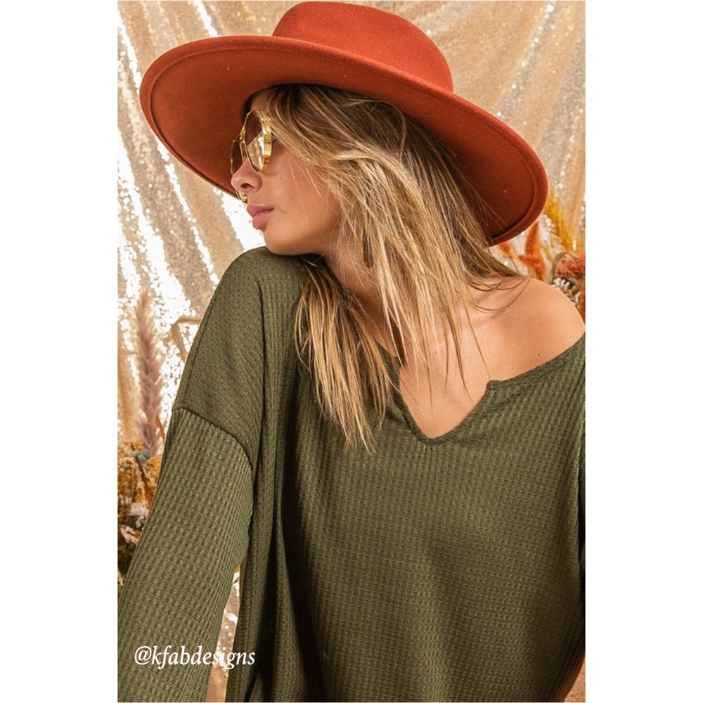 LAST 2! Soft Waffle Knit Deep Olive Thermal Top with Balloon Sleeves - Picture 7 of 7